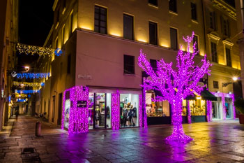 Decorazioni natalizie in centro (inverno), Parma, Italia