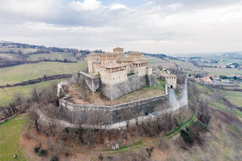 Torrechiara Castle in winter, aerial view, Parma, Italy